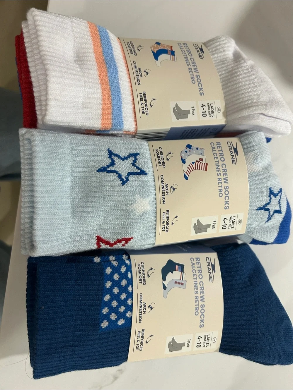 Zane Retro Crew Socks Pack - White, Light Blue, Navy